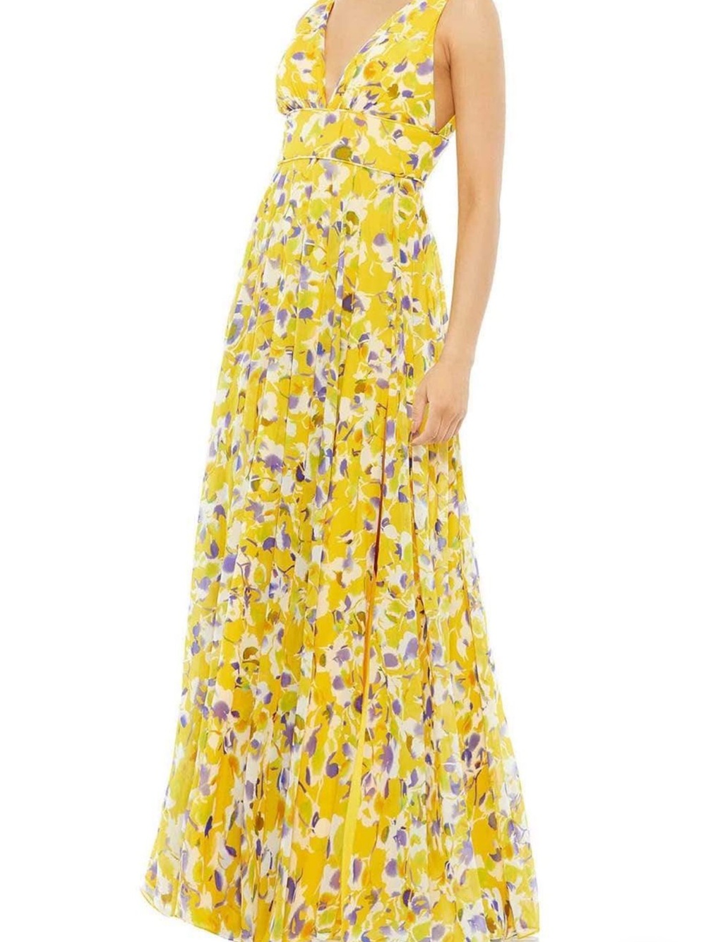 Ieena for Mac Duggal 70206 Yellow Floral V-Neck Maxi Dress